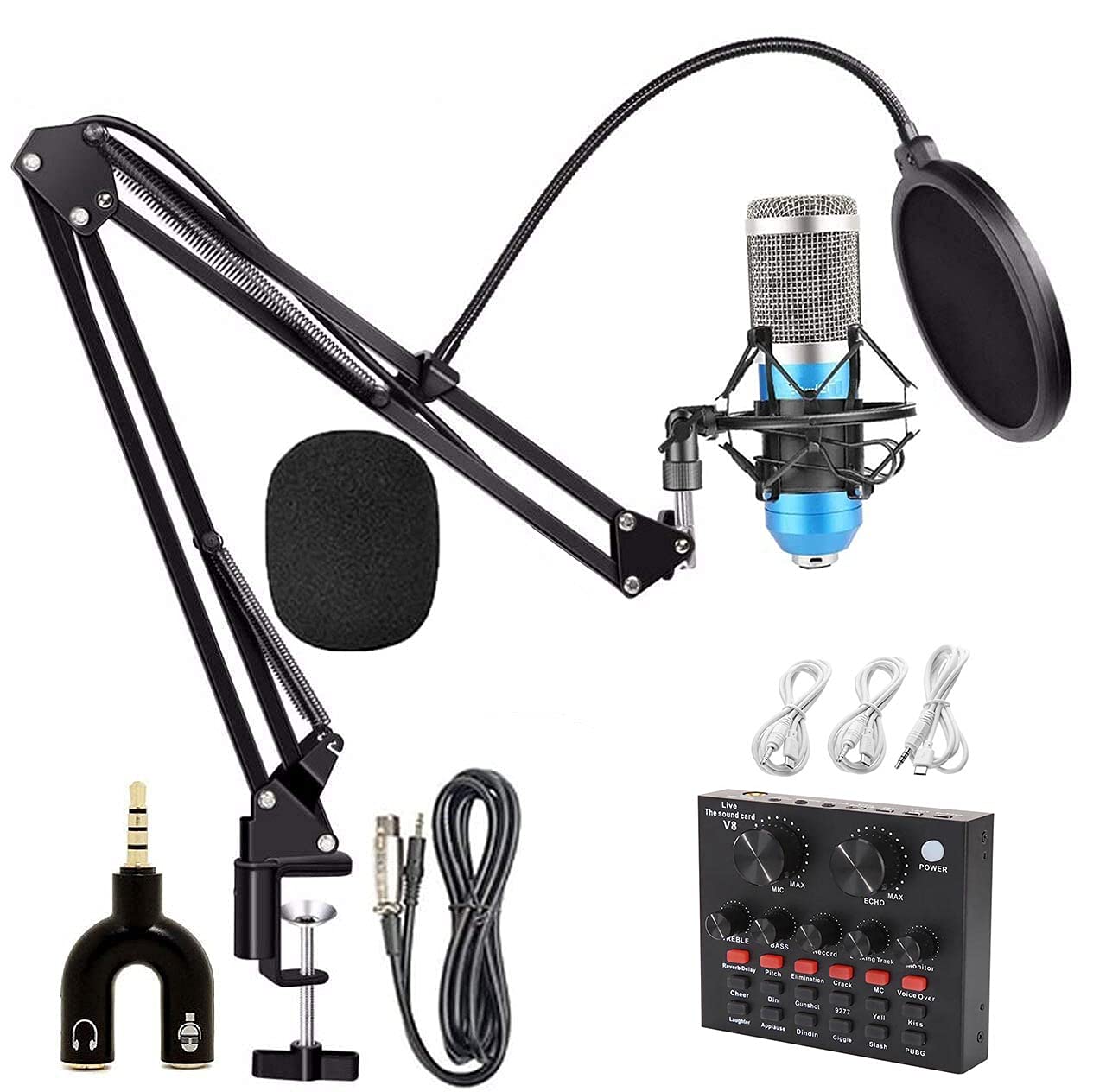 Souvenir Bm800 Condenser Mic With Arm Stand Shock Mount Pop Filter V8 Live Sound Card Anti Wind Foam Full Condenser Microphone Recording