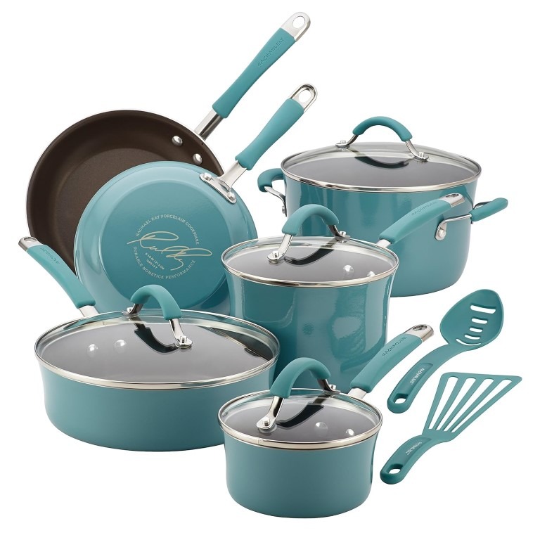 Rachael Ray Cucina Nonstick Cookware Pots And Pans Set 12 Piece Agave Blue Medium