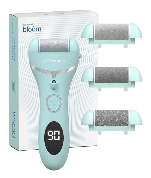 Close-up view of Caresmith Bloom Rechargeable Callus Remover in action, gently removing calluses for smooth and healthy feet.