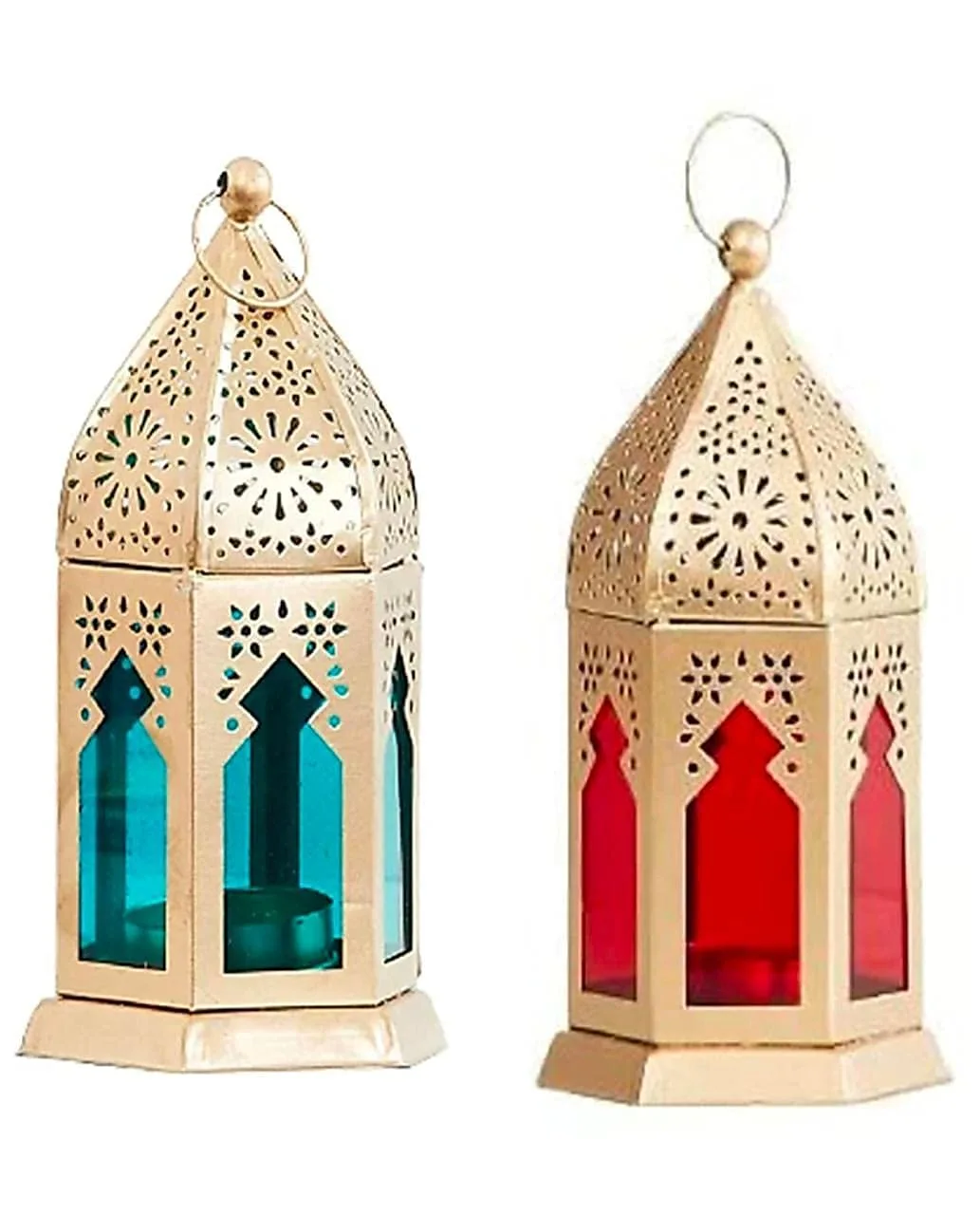 A close-up view of a Moroccan lantern lamp with intricate metalwork and vibrant colors.