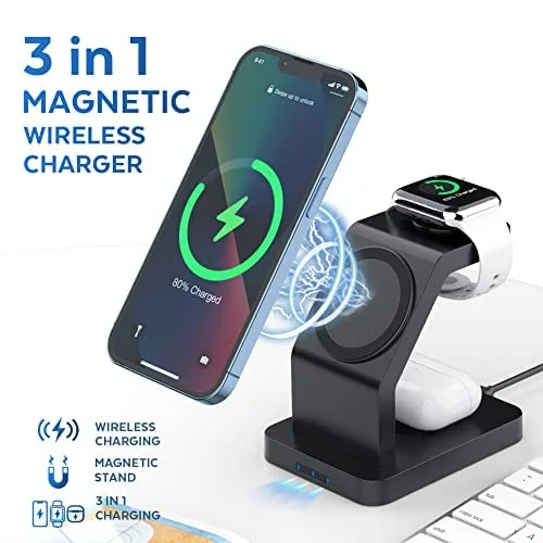 3 in 1 Magnetic Wireless Charger with iPhone, Apple Watch, and AirPods