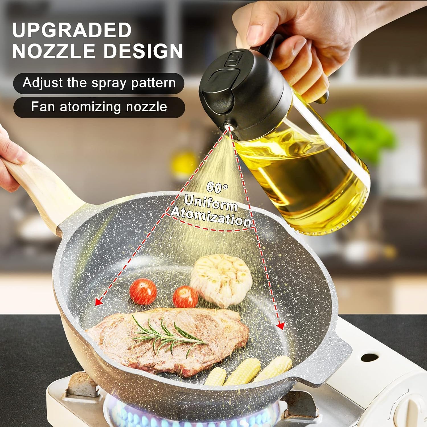 A sleek glass cooking oil sprayer bottle on a kitchen countertop.
