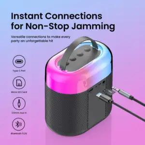 A Portronics Dash 3 16W Bluetooth speaker and wireless karaoke mic set, placed on a table with vibrant LED lights.