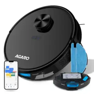 AGARO Alpha Robot Vacuum Cleaner navigating a hardwood floor with LED indicators lit and transitioning to a carpet area.