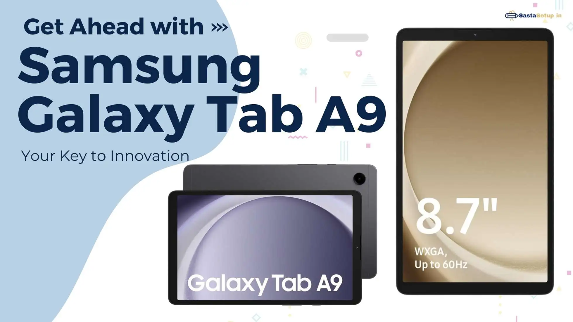 Samsung Galaxy Tab A9 displaying vibrant screen with slim design, positioned on a wooden desk next to a cup of coffee.
