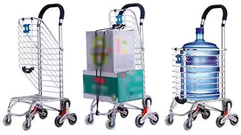 A folding stair-climbing shopping cart trolley with 8 wheels, designed for easy navigation on stairs, shown in a folded position.