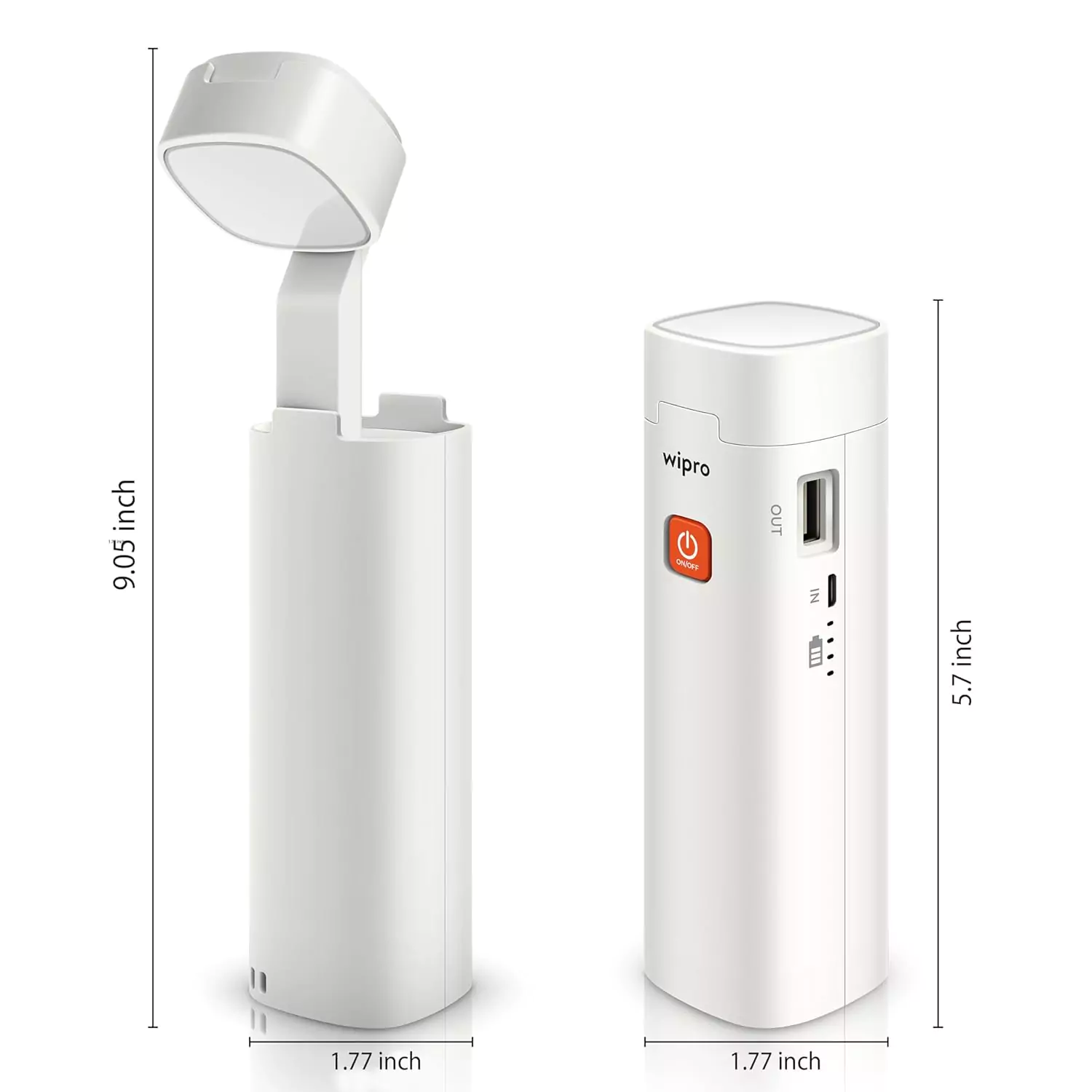 A multifunctional rechargeable emergency light with various brightness settings displayed on a table.