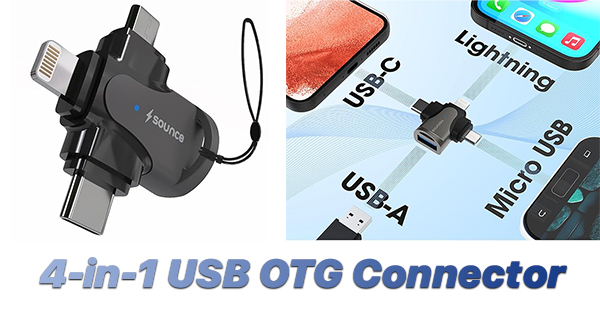 4-In-1 Usb Otg Connector With Lightning, Type C, Micro Usb, And Usb 3.0 Ports.