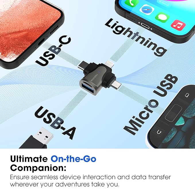 4-In-1 Usb Otg Connector With Lightning, Type C, Micro Usb, And Usb 3.0 Ports.