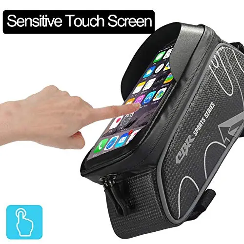 Cyclist riding with a waterproof bike phone holder pouch featuring a sensitive touch screen.