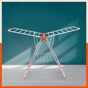 Foldable clothes drying stand with dual-tier design in bright orange.