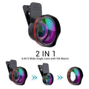 A Mobile Camera Lens Kit With A Wide Angle Lens, A Macro Lens, A Universal Clip, And A Carrying Case, Attached To A Smartphone.