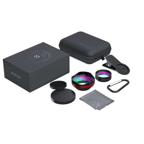 A mobile camera lens kit with a wide angle lens, a macro lens, a universal clip, and a carrying case, attached to a smartphone.