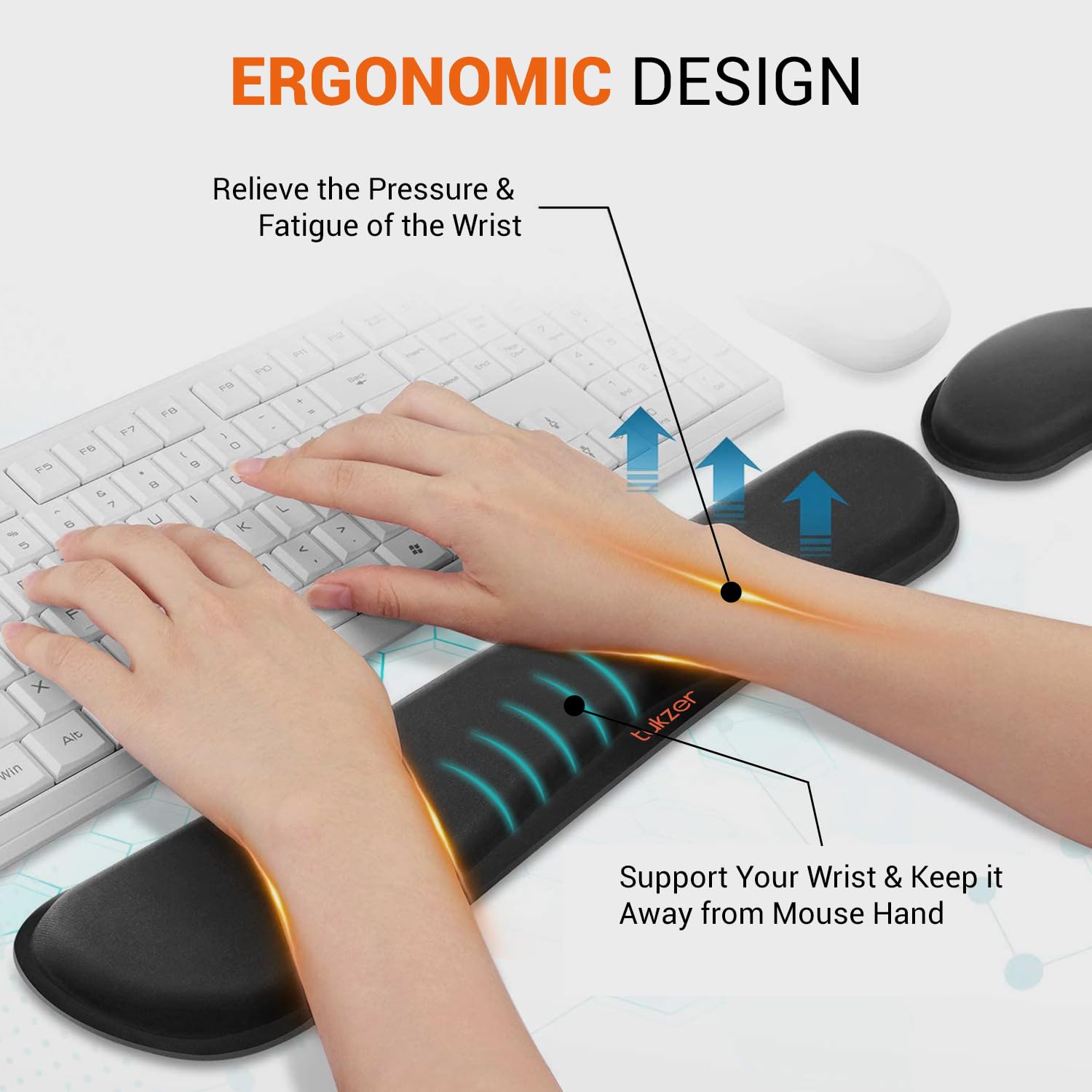 Black gel memory foam mouse and keyboard wrist rest pad set on a desk.