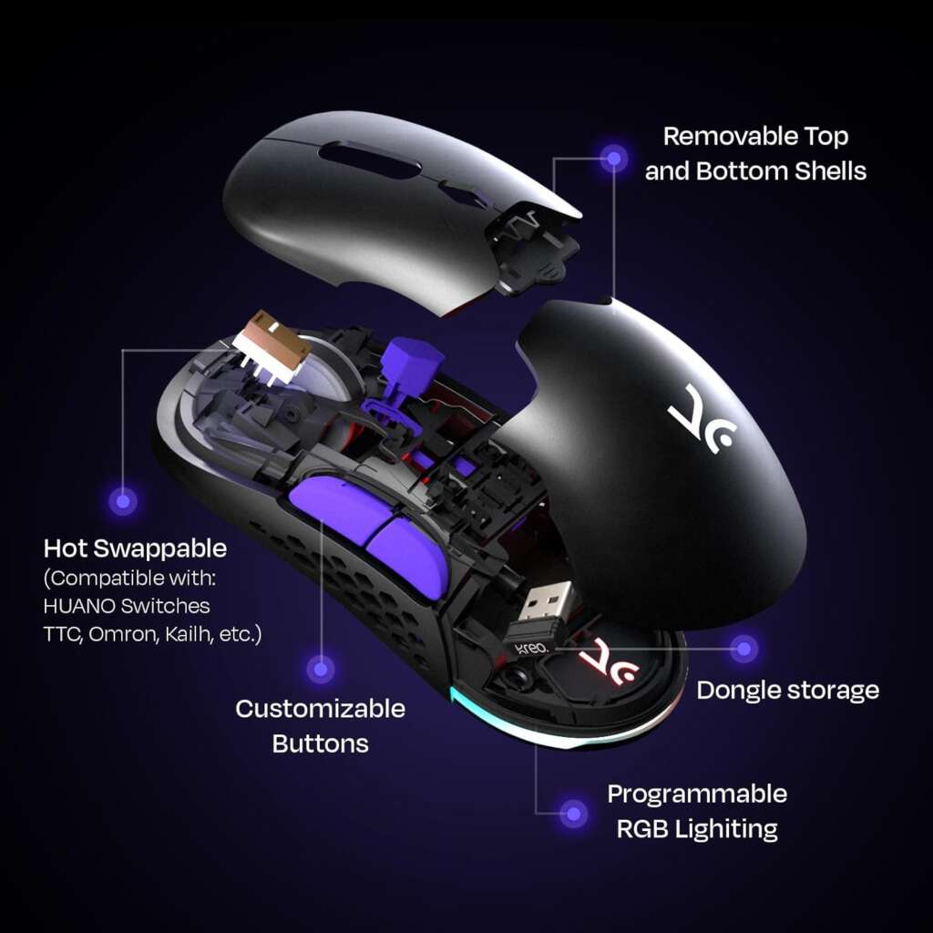 Kreo Chimera Rgb Usb Wireless Gaming Mouse With Customizable Lighting And Honeycomb Shell On A Gaming Desk Setup.