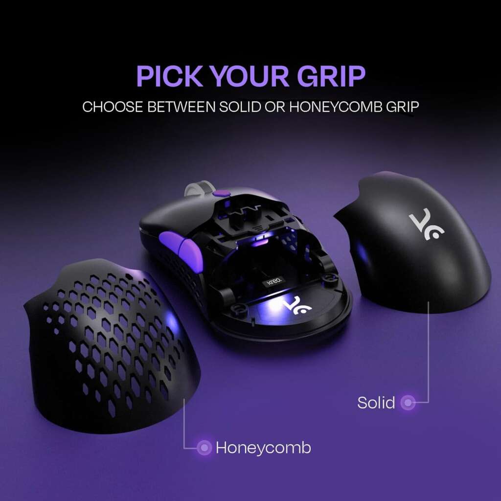 Kreo Chimera Rgb Usb Wireless Gaming Mouse With Customizable Lighting And Honeycomb Shell On A Gaming Desk Setup.
