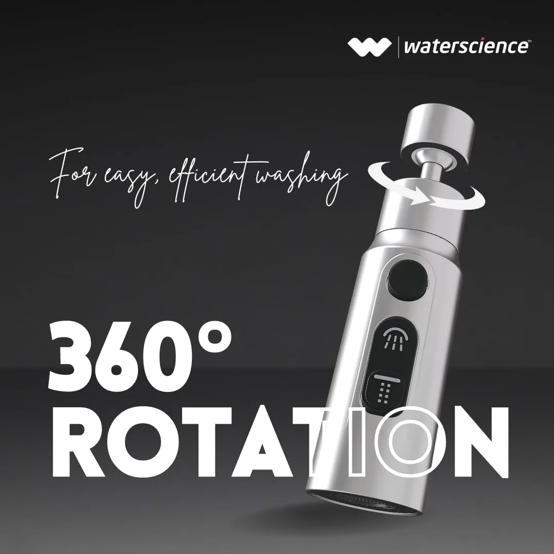 Kitchen sink faucet with WaterScience tap extender aerator installed, showing 360-degree rotation and water-saving features.