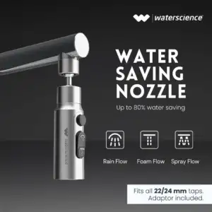 Kitchen sink faucet with WaterScience tap extender aerator installed, showing 360-degree rotation and water-saving features.