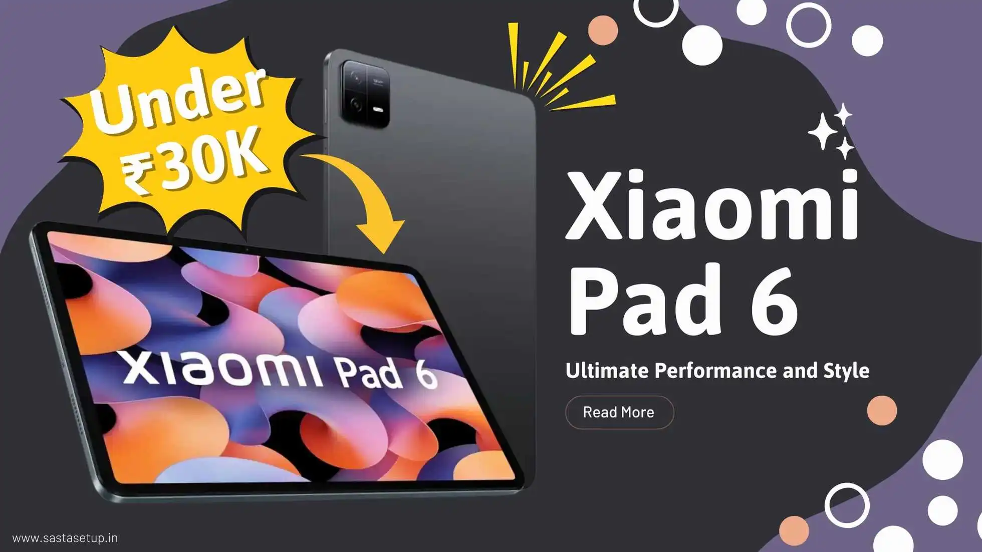 A Xiaomi Pad 6 tablet displaying its sleek design and vibrant 11-inch 2.8K+ display, placed on a desk beside a stylus.