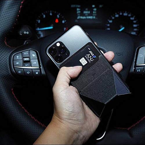 A sleek black phone wallet card holder attached to the back of a smartphone, showcasing its slim design and card-holding capability.