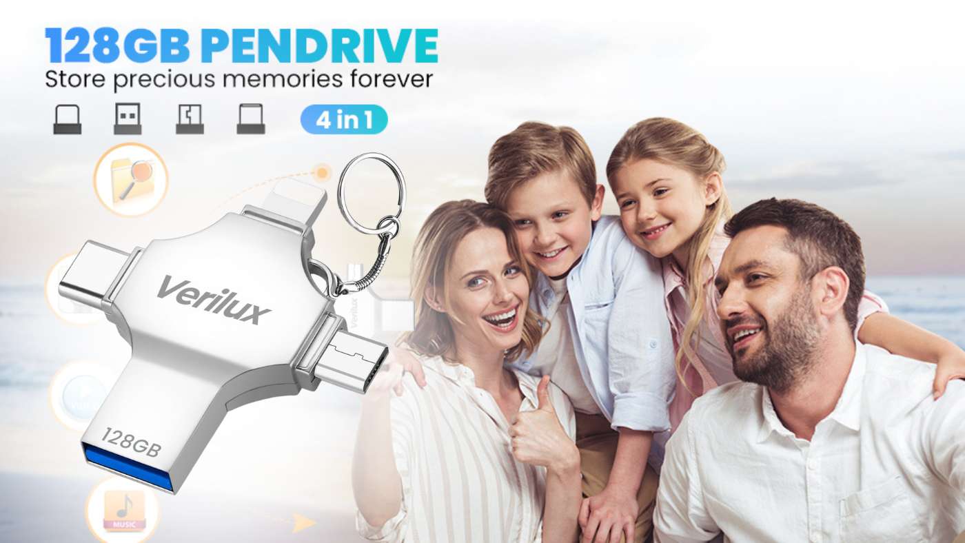 128GB 4-in-1 USB Flash Drive featuring Light-ning, Micro USB, USB A, and Type-C interfaces.