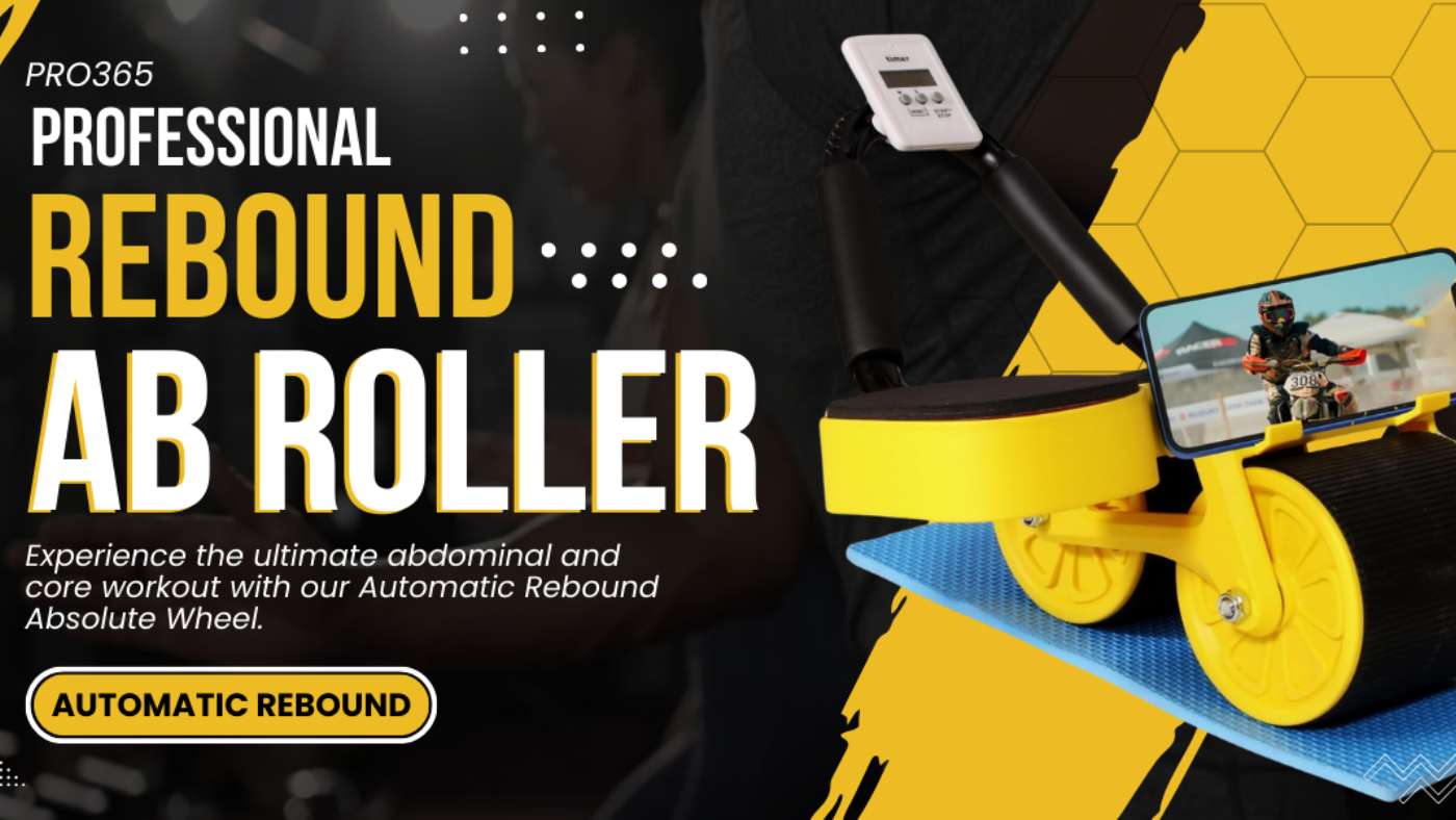 A sleek, high-quality PRO365 Automatic Rebound Ab Roller with a sturdy triangular structure, non-slip sponge grips, and front and rear wheels for smooth movement.