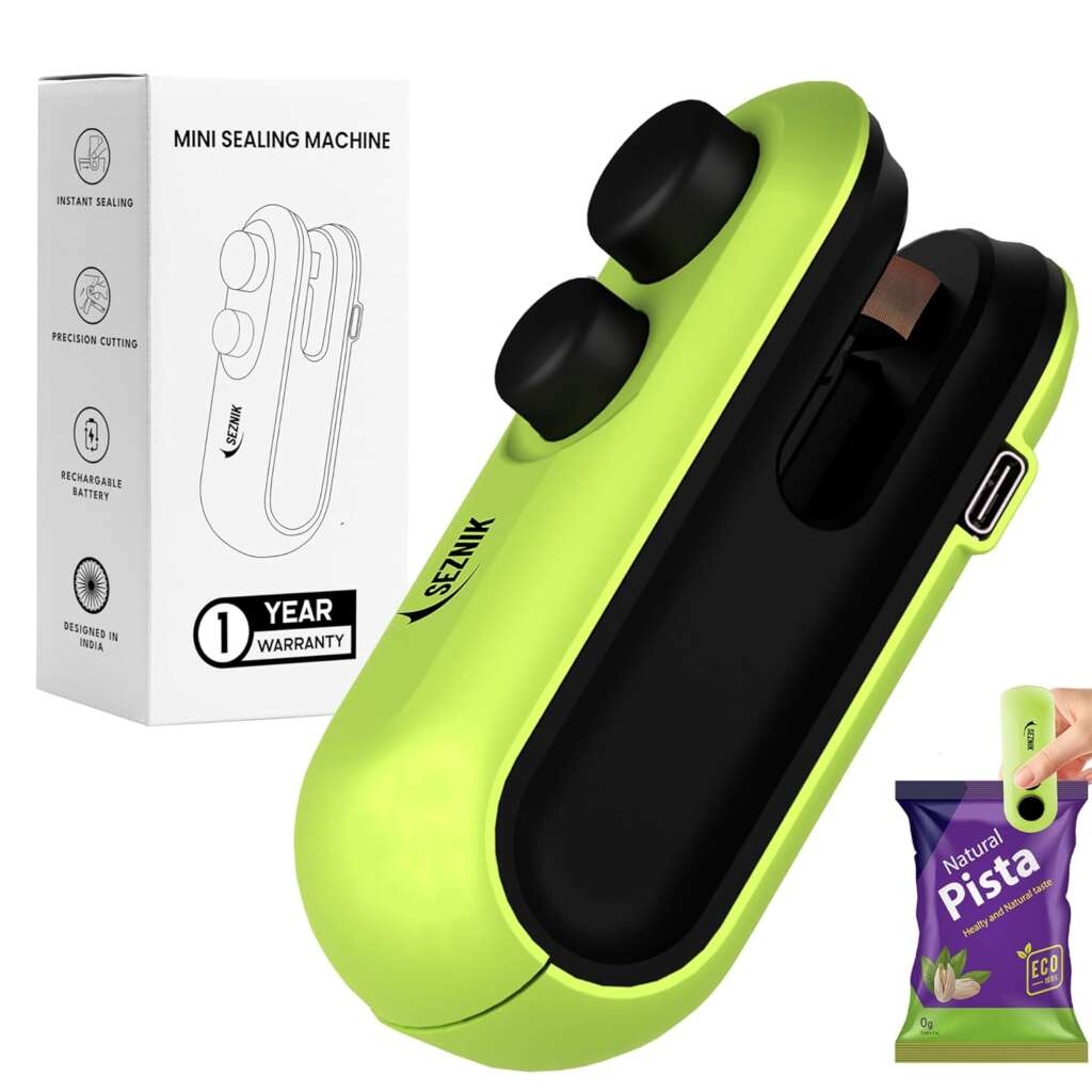 A compact and sleek mini sealing machine for food, shown sealing a bag of chips. The device is portable, efficient, and perfect for preserving food freshness.