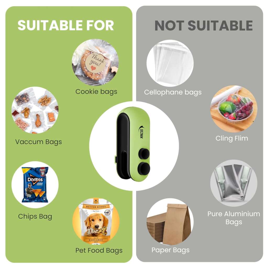 A compact and sleek mini sealing machine for food, shown sealing a bag of chips. The device is portable, efficient, and perfect for preserving food freshness.