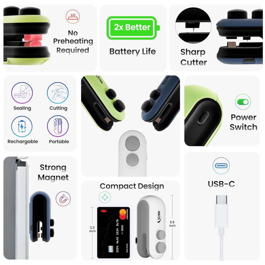 A compact and sleek mini sealing machine for food, shown sealing a bag of chips. The device is portable, efficient, and perfect for preserving food freshness.