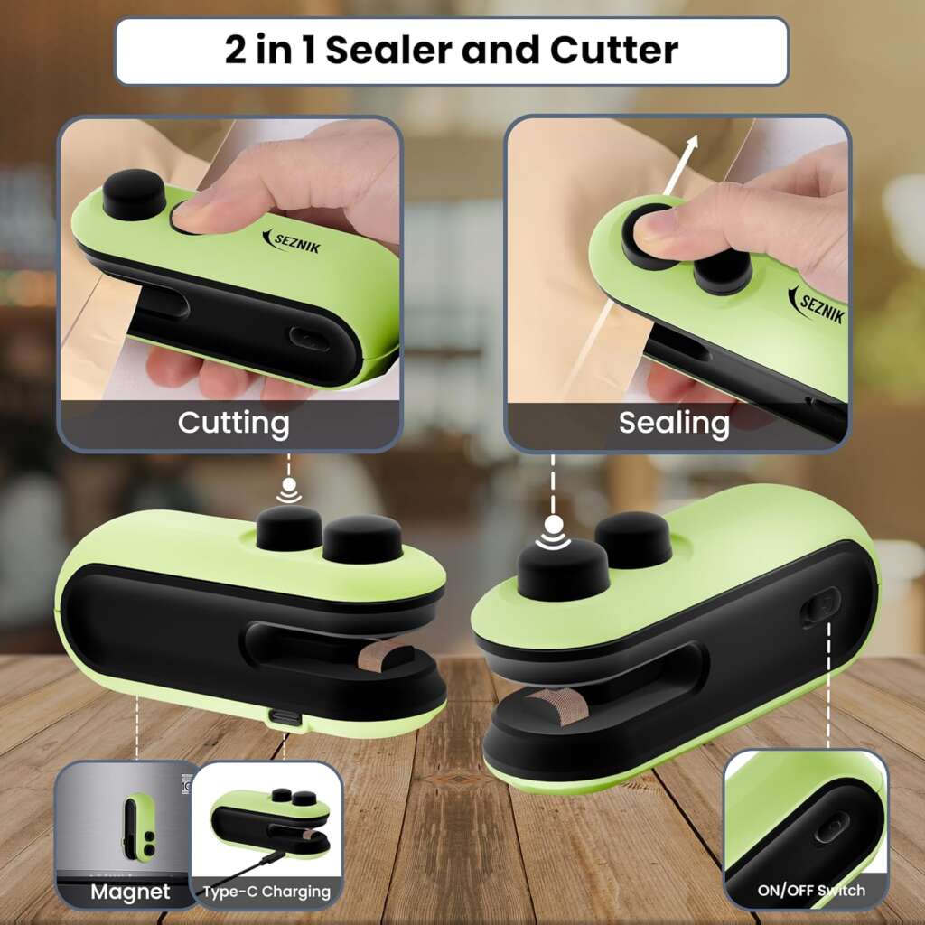 A compact and sleek mini sealing machine for food, shown sealing a bag of chips. The device is portable, efficient, and perfect for preserving food freshness.