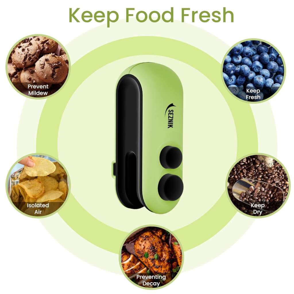 A compact and sleek mini sealing machine for food, shown sealing a bag of chips. The device is portable, efficient, and perfect for preserving food freshness.