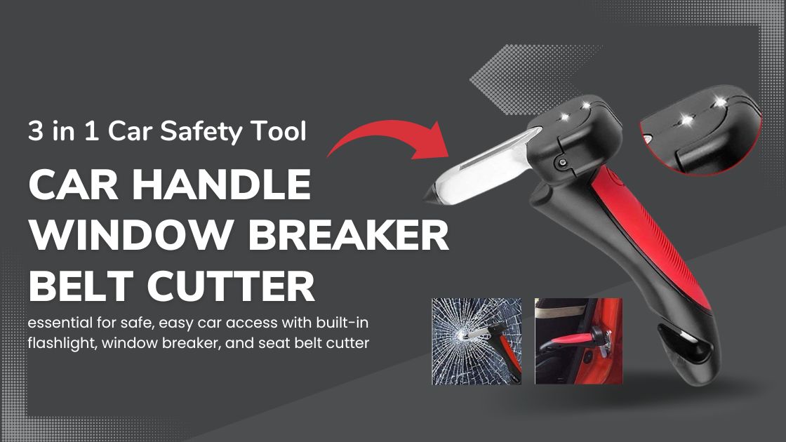 Car Cane Support Handle with ergonomic grip, built-in flashlight, window breaker, and seat belt cutter.