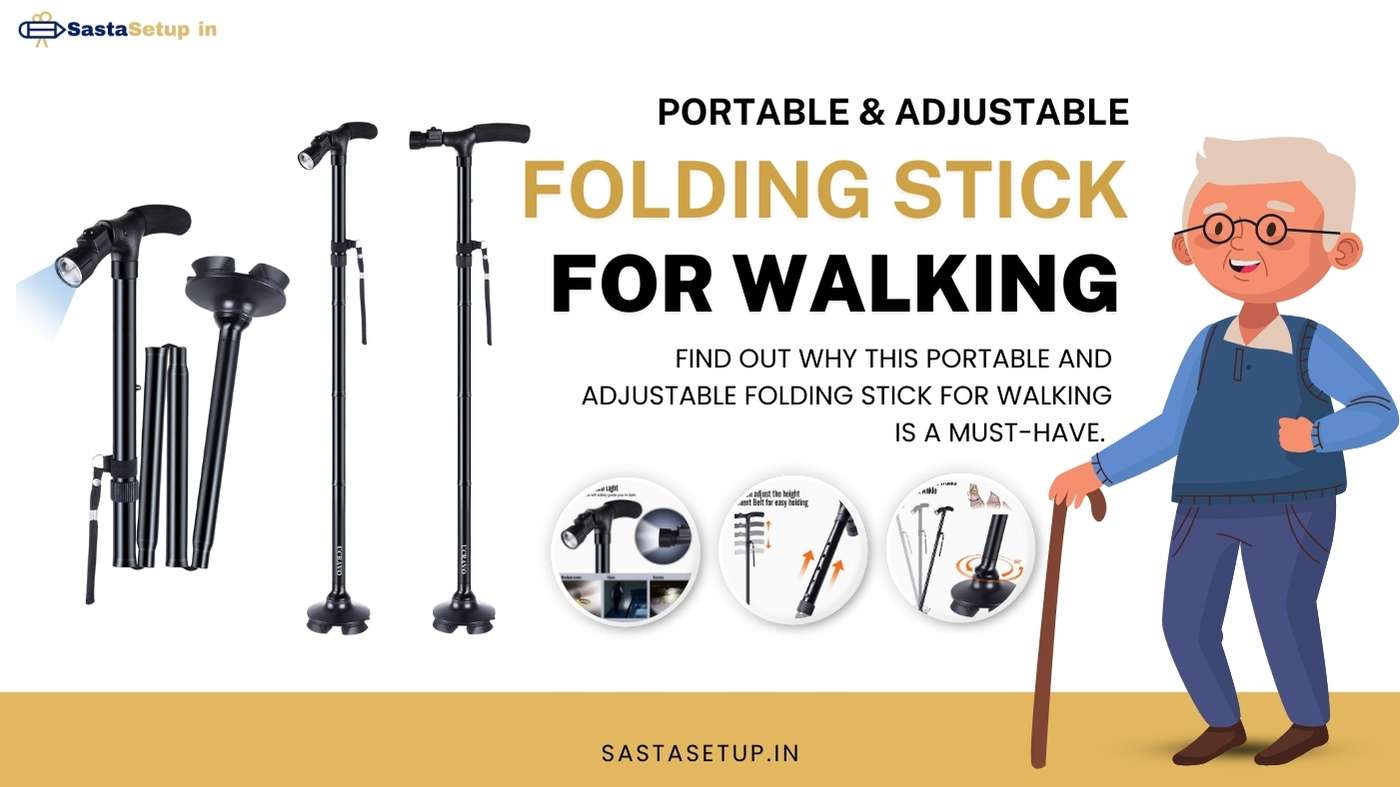 An elderly person using a folding stick for walking on a park path.