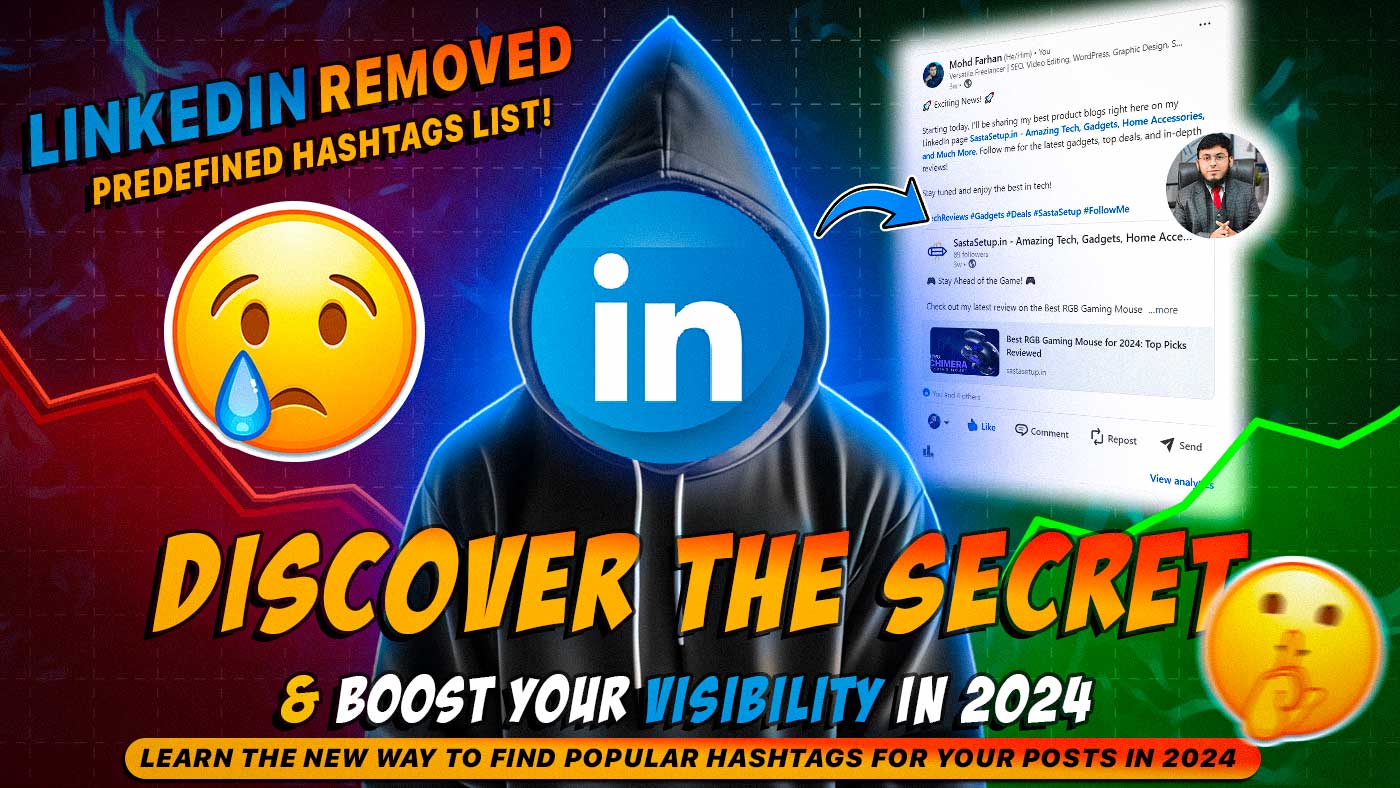 LinkedIn homepage showing trending hashtags and the search bar.