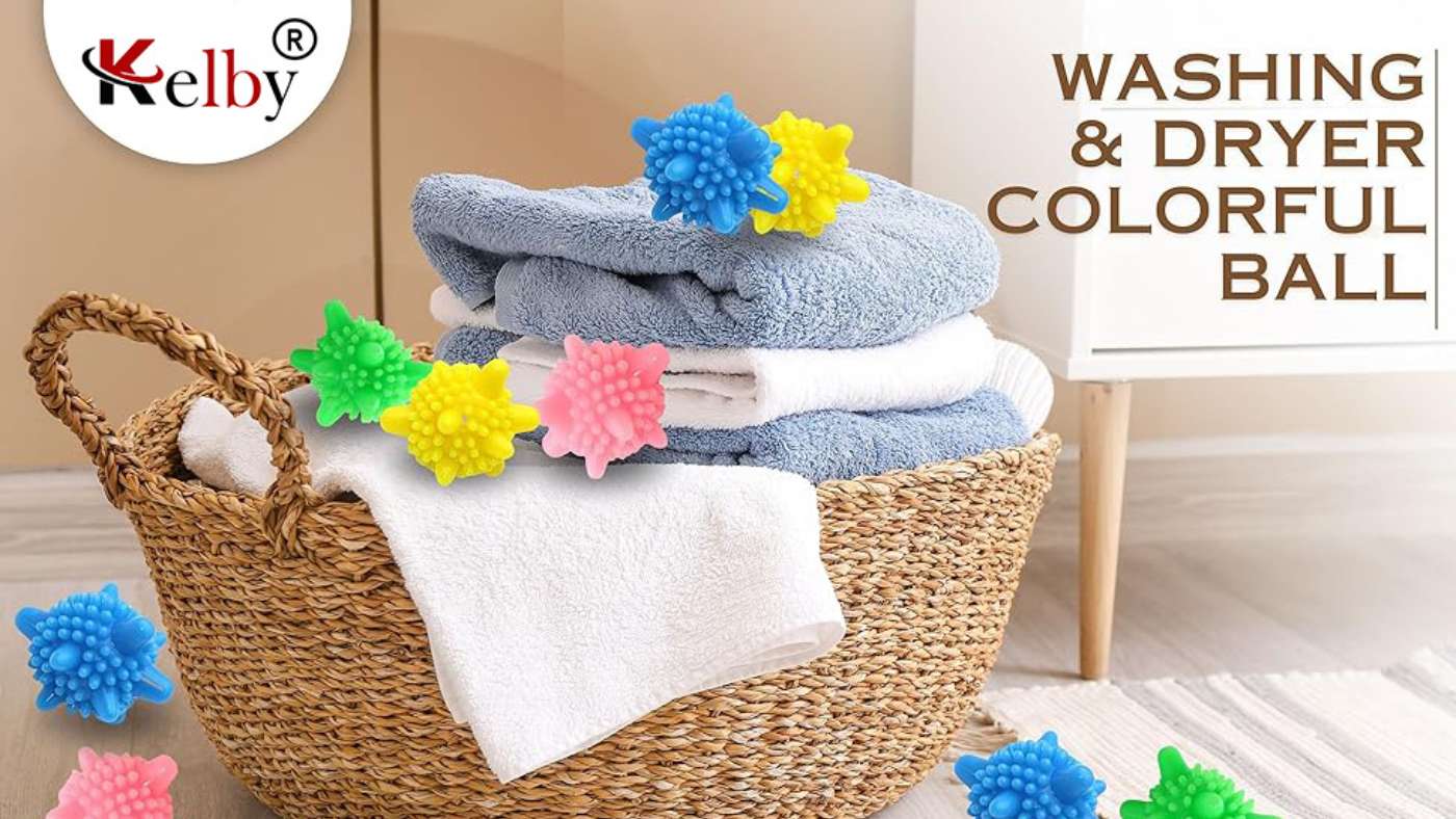 Close-up of colorful laundry balls inside a washing machine drum, enhancing the washing process.