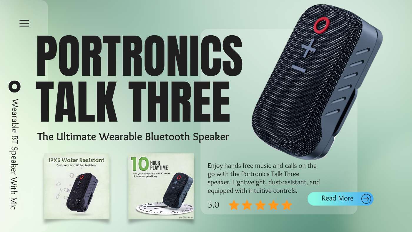 Portronics Talk Three Wearable Bluetooth Speaker with Mic clipped to a backpack, showcasing its portability and sleek design.