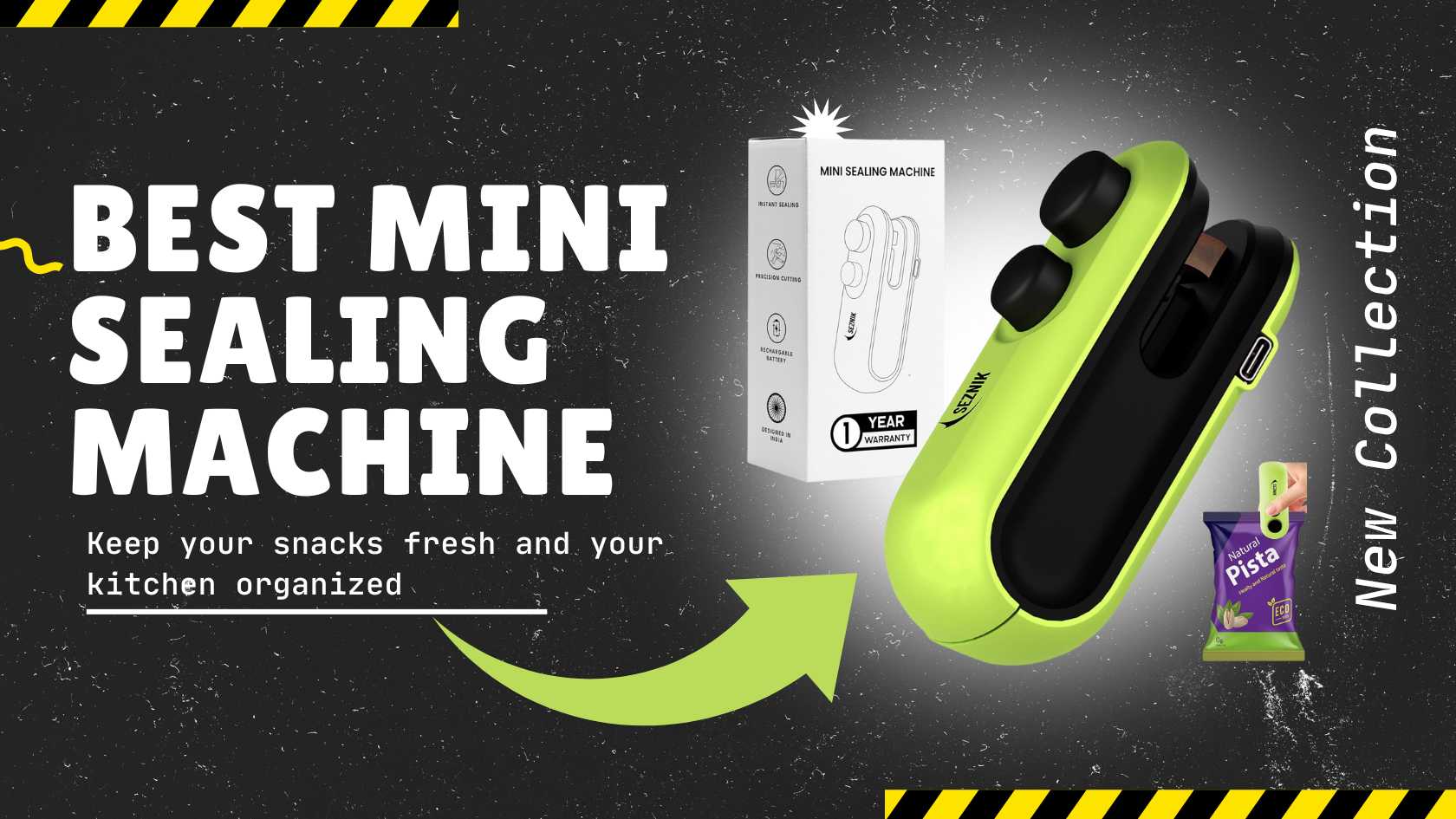 A compact and sleek mini sealing machine for food, shown sealing a bag of chips. The device is portable, efficient, and perfect for preserving food freshness.