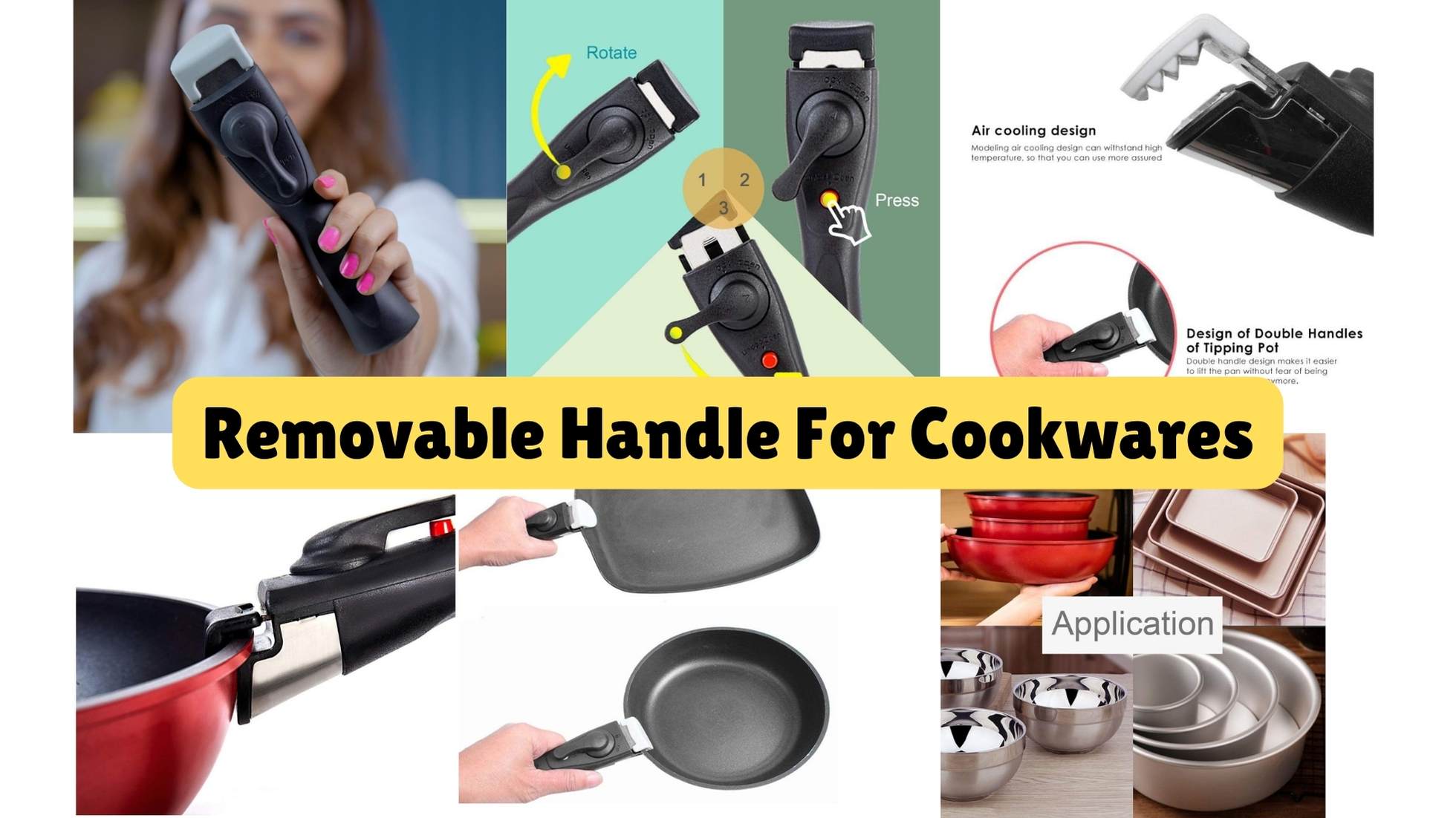 A black removable handle attached to a stainless steel pot in a modern kitchen.