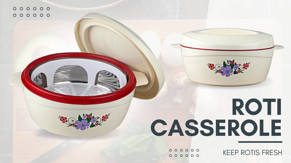 Cello Roti Plus Plastic Floral Roti Casserole with Lid in Mop Red color, featuring an easy grip lid and drip tray.