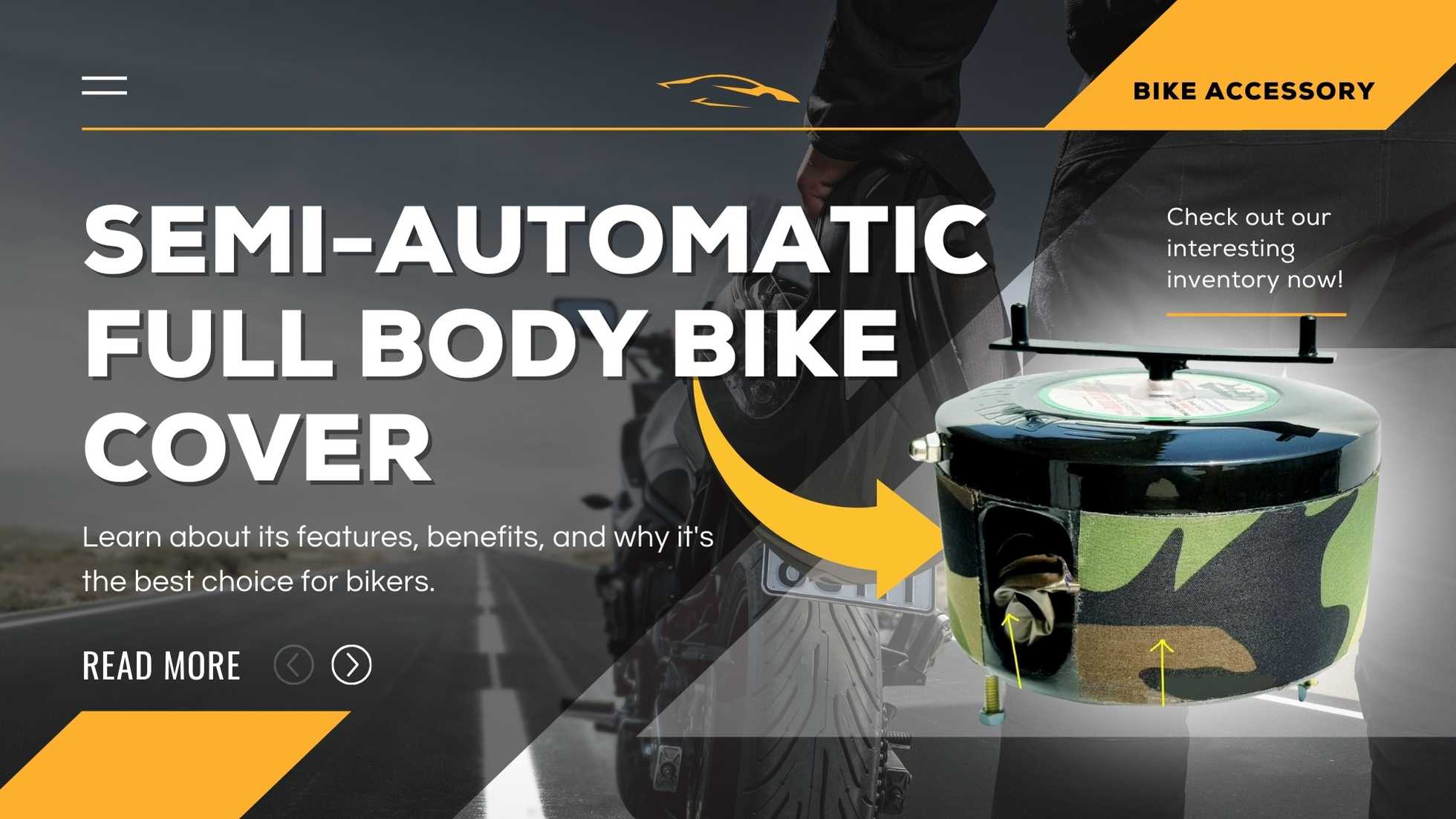 A motorcycle covered with a semi-automatic full body bike cover, providing all-weather protection.