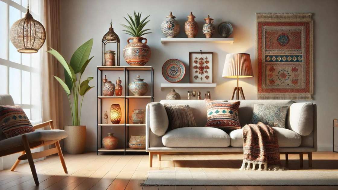 A stylish living room with thrifted furniture, DIY wall art, and cozy throw pillows, showcasing affordable home decor ideas.