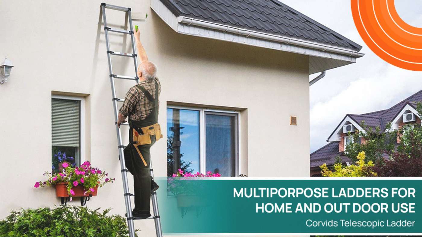 A foldable and extendable telescope ladder fully extended, demonstrating its versatility and compact design for easy storage.