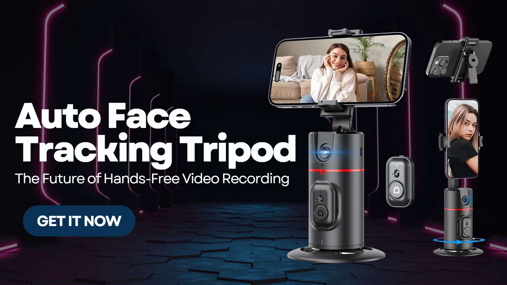 Auto Face Tracking Tripod by WeCool in action, showcasing its 360° rotation and intelligent face tracking for hands-free video recording.