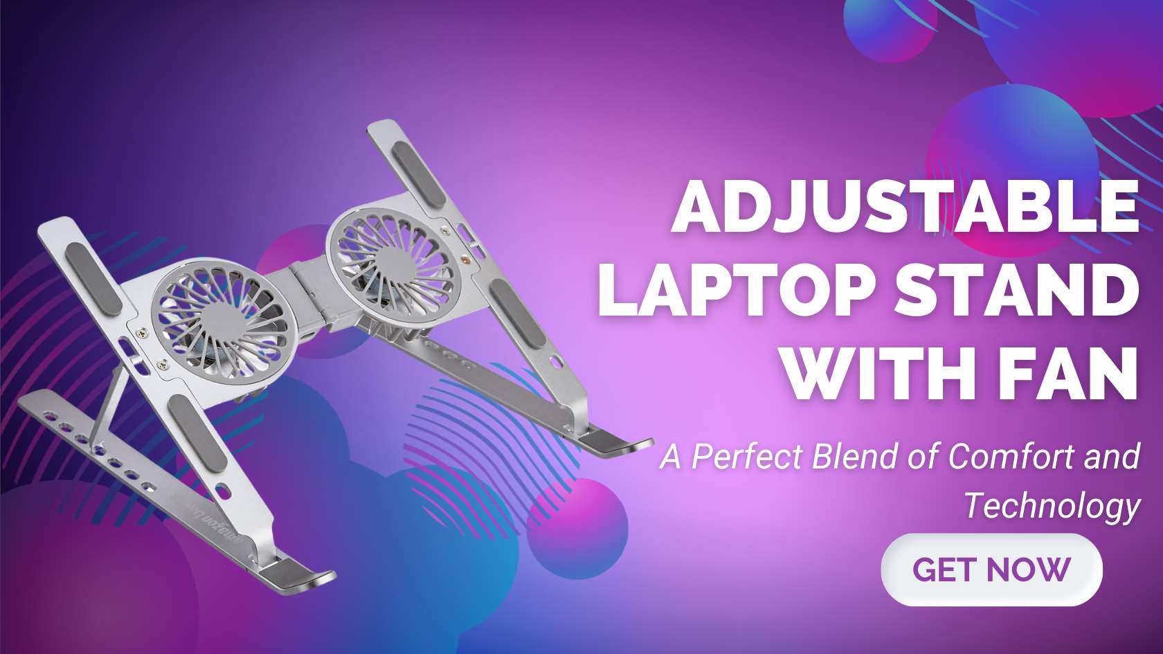 Aluminium Adjustable Laptop Stand with Fan featuring seven height levels, a built-in cooling fan, and a sleek design.