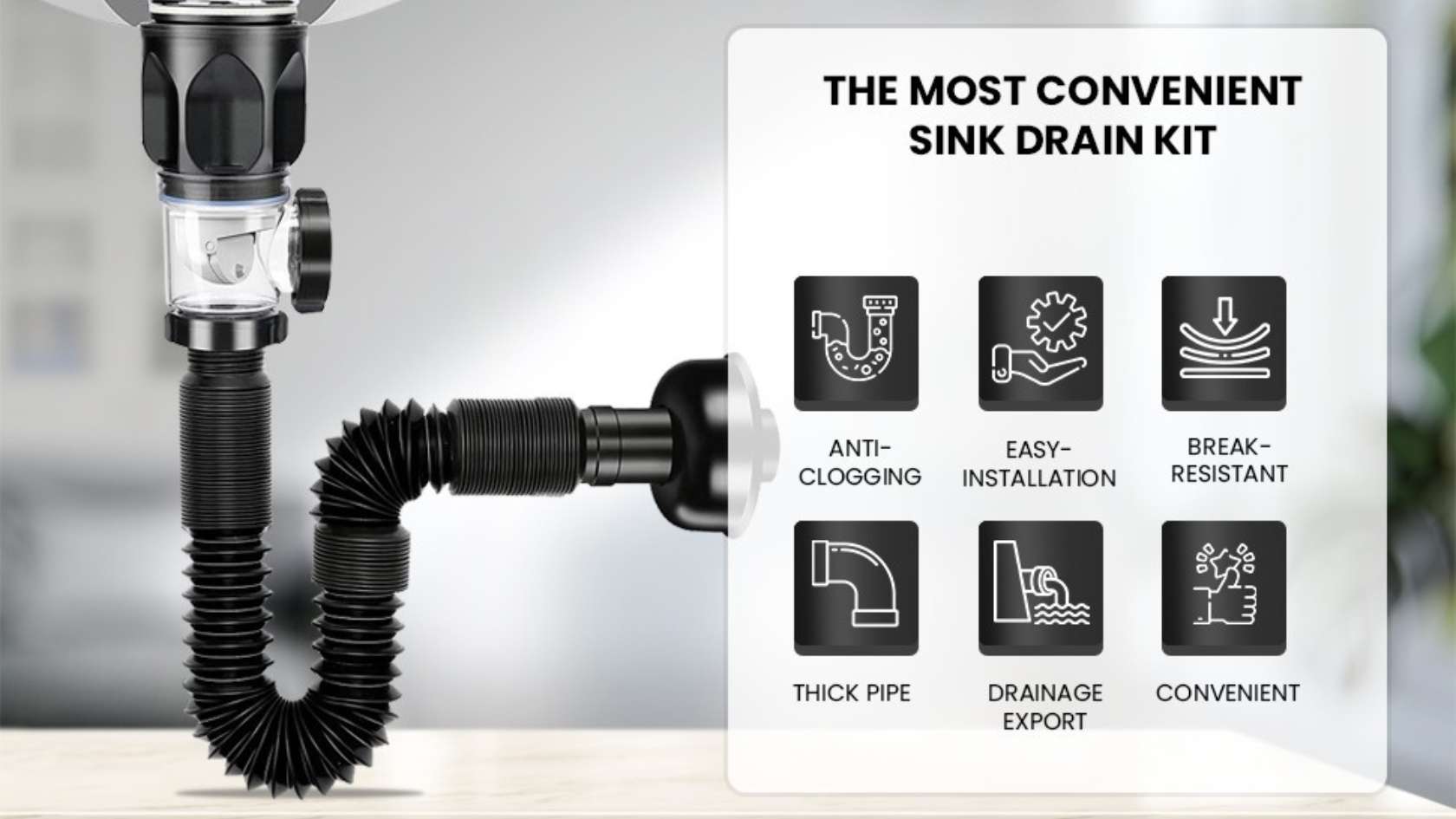 Flexible P Trap Sink Drain Pipe Kit for kitchen or bathroom plumbing.