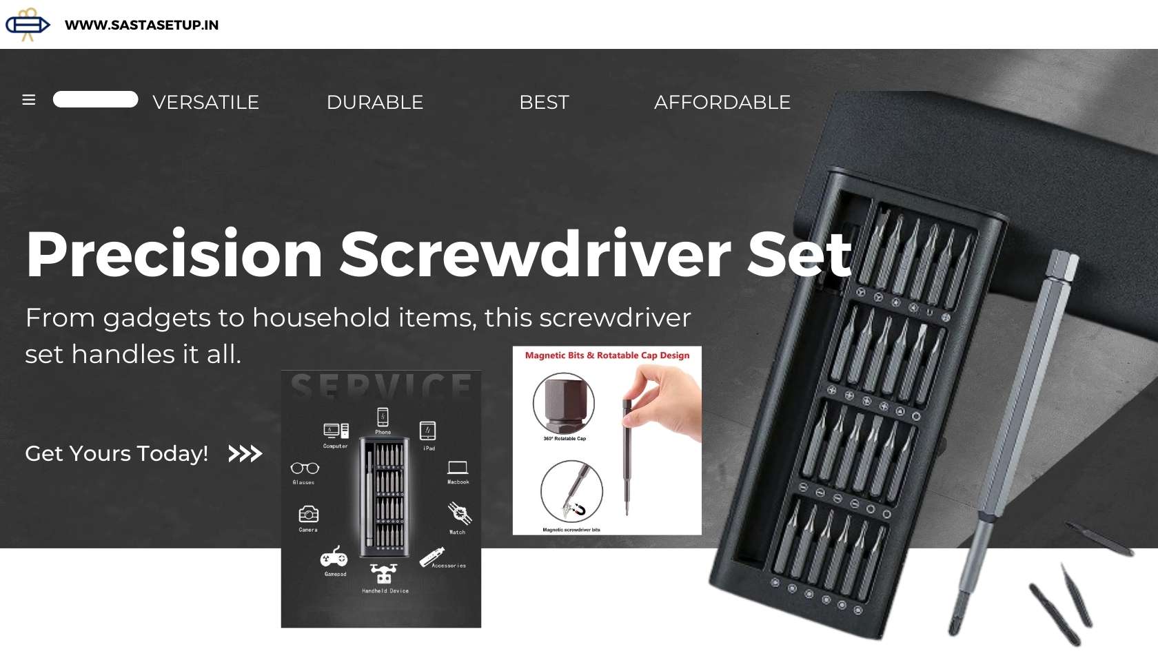 Close-up image of a Precision Mini Screwdriver Set featuring a compact storage case and various precision bits, ideal for repairing electronics and small devices.