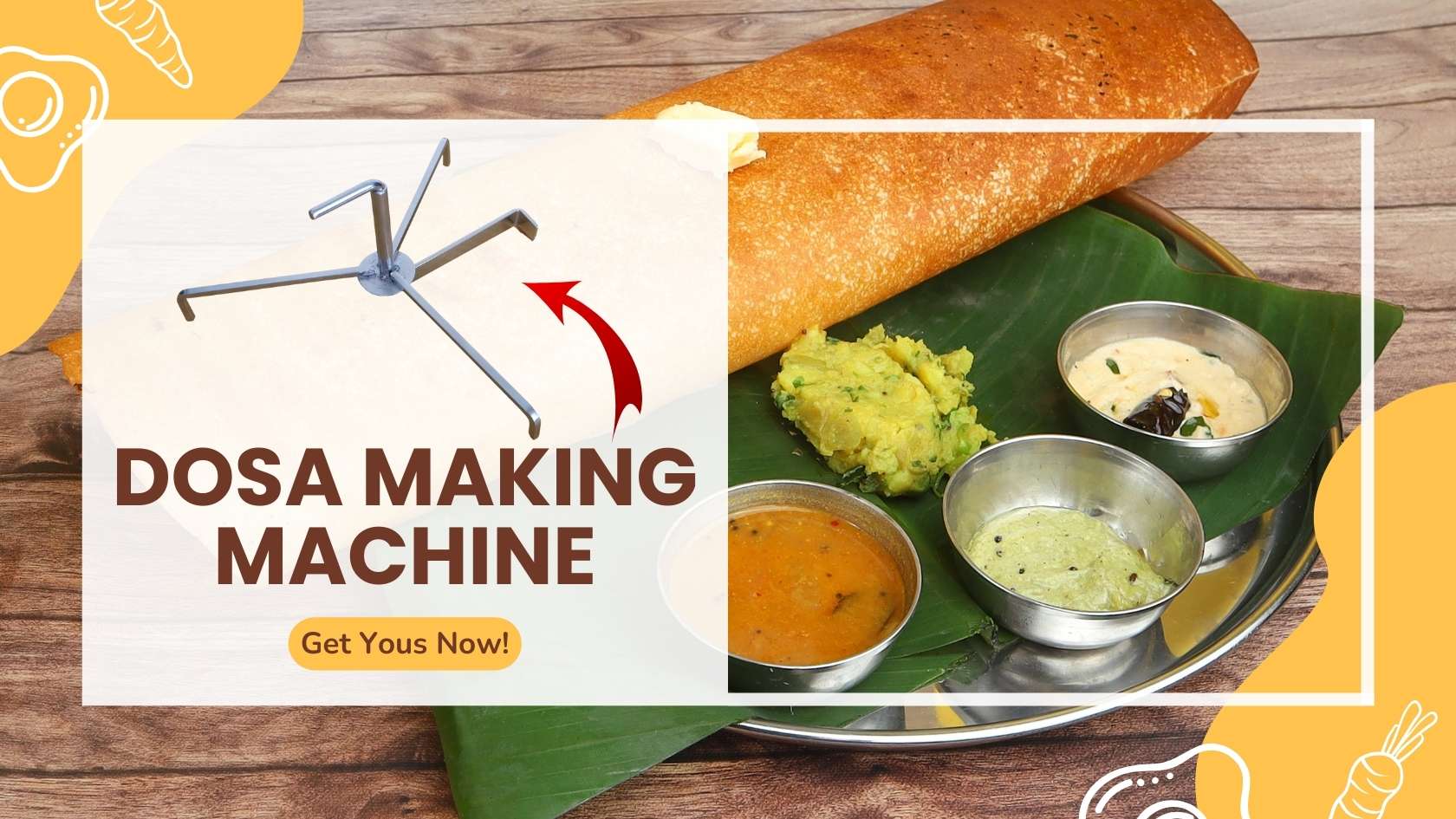 A close-up image of the KDM Enterprises Dosa Maker machine with a perfectly cooked dosa on the cooking surface, highlighting the ergonomic spatula beside it.