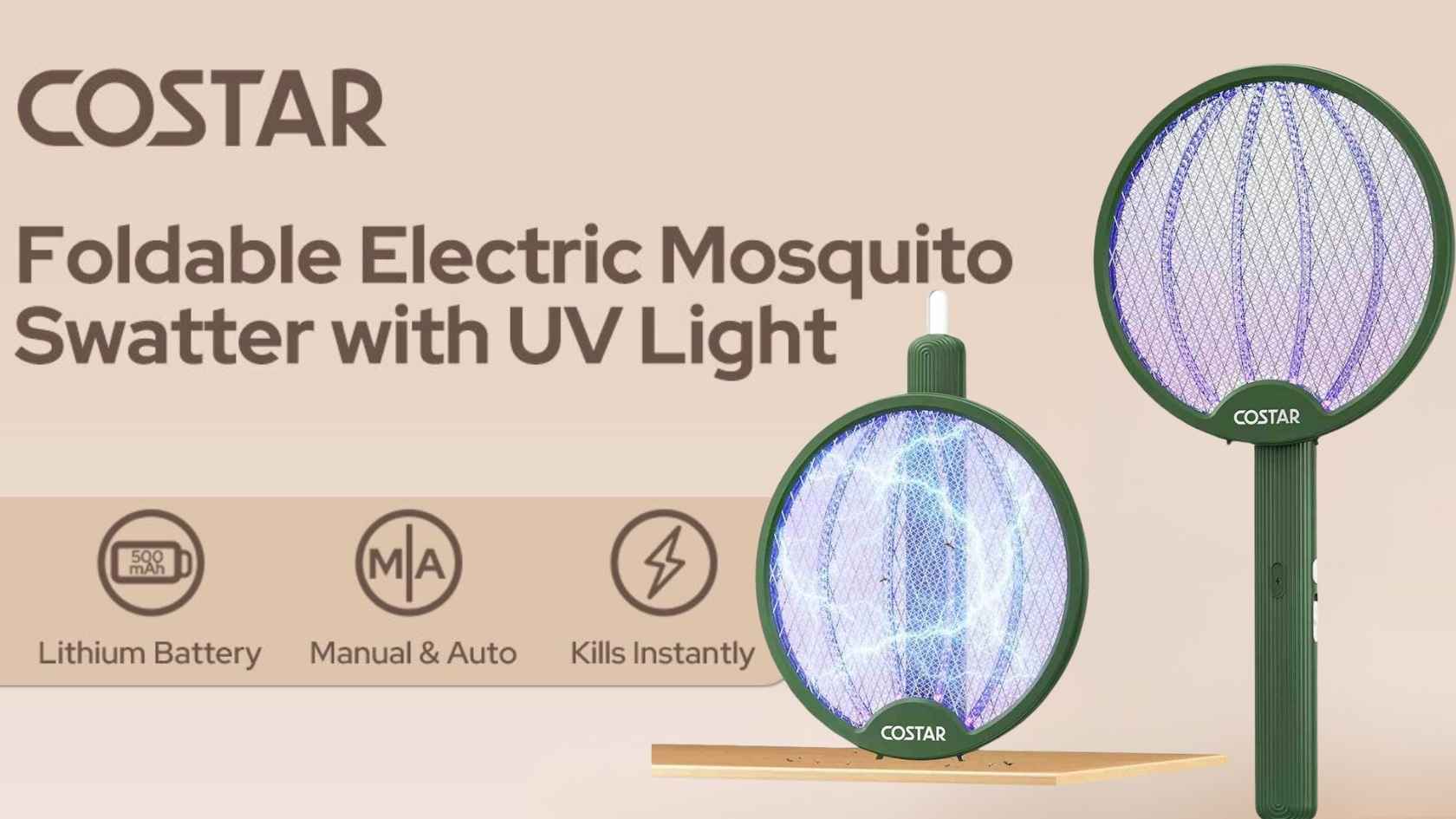Electric Mosquito Bat in action, zapping mosquitoes mid-air with its high-voltage grid.