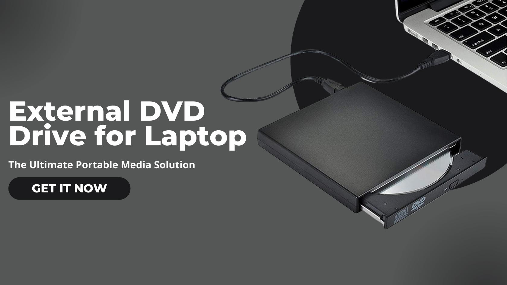 External DVD drive for laptop, showcasing a sleek and portable design, connected via USB for easy plug-and-play functionality.