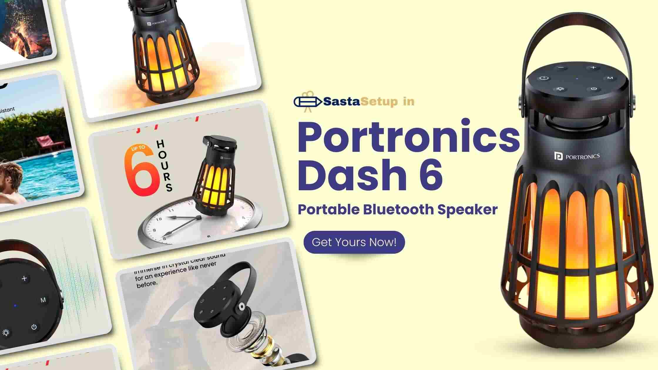 Portronics Dash 6 Portable Bluetooth Speaker featuring LED light, white noise machine, and TWS pairing functionality.